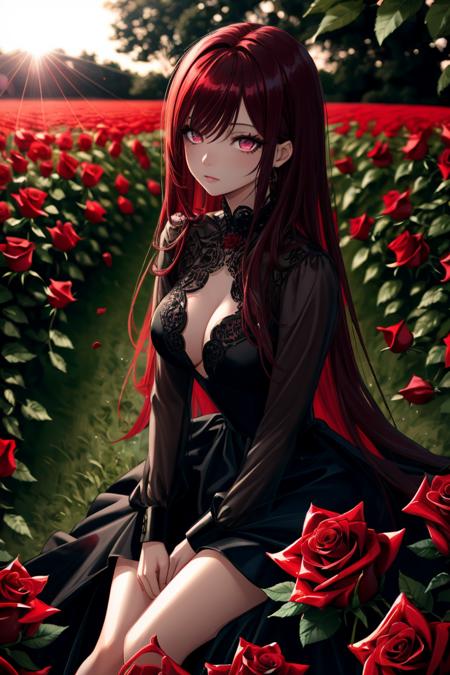 Cowboy Shot, ((glossy eyes)), (aesthetic, intricate:1.0), <lora:more_details:0.3>
1girl, red long hair, crimson eyes, detailed, crimson light, field of red roses, black dress, light particles, sitting on roses, outdoors, sunlight