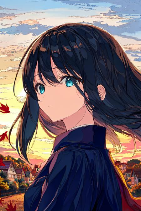 masterpiece, best quality, ligne claire, flat color,
limited palette, low contrast,
1girl, long black hair, portrait, looking afar, expressionless,
autumn, sunset, falling leaves, town streets, windswept, scenery,
 <lora:ligne_claire_anime:1>