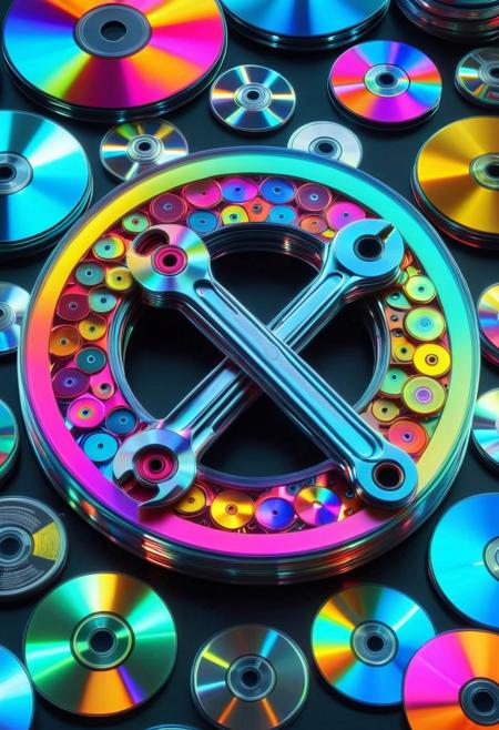 CD Repeat, Masterpiece, best quality, amazing quality, absurd, latest, volumetric lighting, UHD, SFW, vibrant colors, neon, vivid colors, wrench made of cd's, toolshop filled with CD tools , exquisite detail, digital art, realistic, highly detail, beautiful, surreal, dramatic, No_Humans,