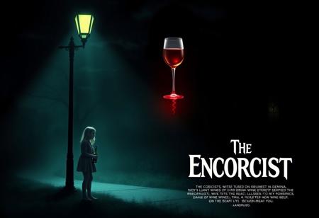 Design a parody movie poster titled The Enorcist, a humorous twist on The Exorcist. Imagine the iconic dark, eerie vibe of the original poster, but with a comical twist: instead of a demonic possession, the story is about a young girl cursed to drink wine for eternity. The poster should have an unsettling, atmospheric look, with dim lighting and shadows, similar to the original 1973 poster.
In the scene, show a girl standing under a dim street lamp outside a spooky house, holding a bottle of wine. The wine spirit possesses her, maybe symbolized by a faint aura or a sinister, red-glowing glass hovering near her. Add subtle wine-themed details (like a corkscrew or wine bottle shadow) to keep it humorous yet creepy. The title, The Enorcist, should mimic the original typography for an authentic touch.