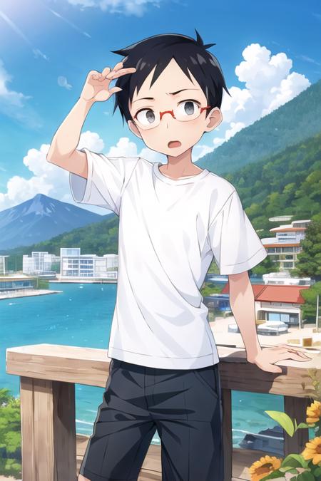 1boy, nishikata, black eyes, sanpaku, shirt, short pants, glasses, city, beach, forest, mountain <lora:nishikata:0.7>