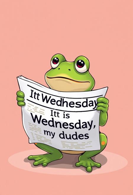 A cute frog reading a newspaper. In the front page of the newspaper, it says "It is Wednesday, my dudes"
Cartoon style
