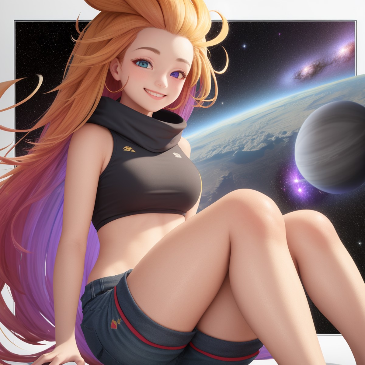 masterpiece, best quality, zoe,  <lora:StableDiffusion-15:0.7>, in space with a massive galaxy, smiling, shorts, heterochr...