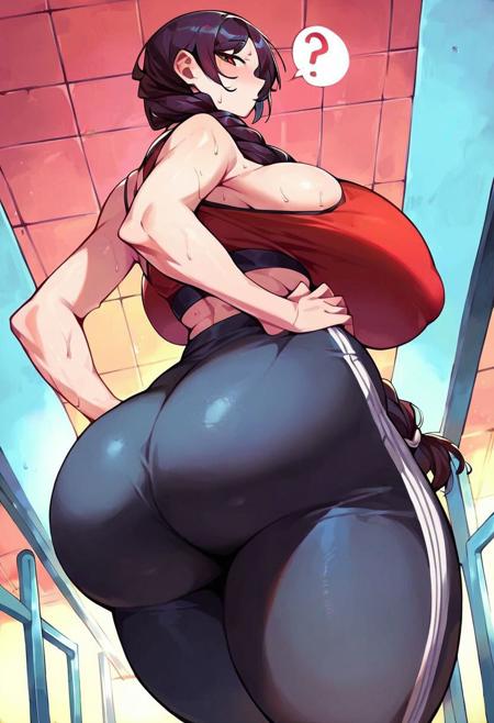 ASCII score_9, score_8_up, score_7_up, score_6_up, score_5_up, score_4_up, solo, female, girl, (soft shading), thong straps high on hips, top of pubic mound, black thong, hyper breasts, hyper ass, tight red with black stripes yoga pants, pale skin, very narrow waist, very thick thighs, very wide hips, from below, hands on hips, hip cocked, nipple outline, casual pose, massive ass, bubble butt, facing viewer, looking at viewer, confused, tilted head, question mark, raised eyebrow, low waisted pants, sweaty, long dual braided red hair, athletic body, standing, (upper body and upper legs portrait: 1.2), in a gym, indoors, red sports bra with black stripes, undersized sports bra, studio lighting, best quality, high detail, sharp focus,