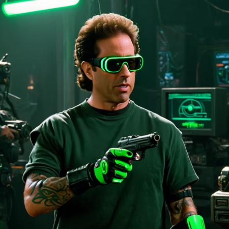 Jerry Seinfeld in a surrealist Cyberpunk 2077 world, wearing virtual reality sunglasses, glowing green glove, realistic hair, 1990s sitcom, prosthetic robot arm, short sleeves, arm tattoos, holding gun
 <lora:Jerry_Seinfeld-000006:1>