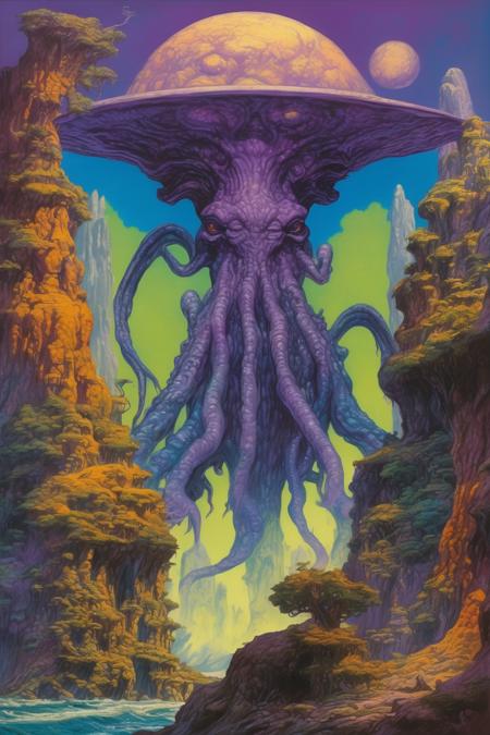 Josh Kirby Style - an alien world where Cthulhu and the Old Gods live in the style of Maxfield Parrish with vibrant colors of purple and green and blue and orange and yellow and other colors