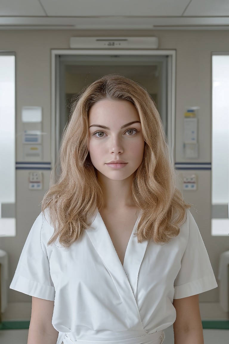 safe_pos, Photo, woman, dreamScan, front-facing, looking at viewer, standing in hospital setting, 1girl, solo, Scandinavian, attractive, allure, cute, soft facial features, big open clear eyes, wearing Swedish nurse outfit, hospital gown, suggestive, tease, white professional clothing, full shaped body, natural beauty