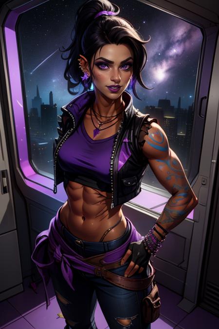 Amara, short black hair, ponytail, toned , blue left arm tattoo, scars, standing, arms on hips, upper body, smiling, 
AmaClot,right fingerless glove,ear piercing,earrings,midriff ,crop top,torn clothes ,vest,bracelet,pants,boots,necklace,belt ,
spaceship, window, stars milky ways, purple themed room, purple walls, gym,
 (insanely detailed, beautiful detailed face, masterpiece, best quality) <lora:Amara-10v3:0.7>