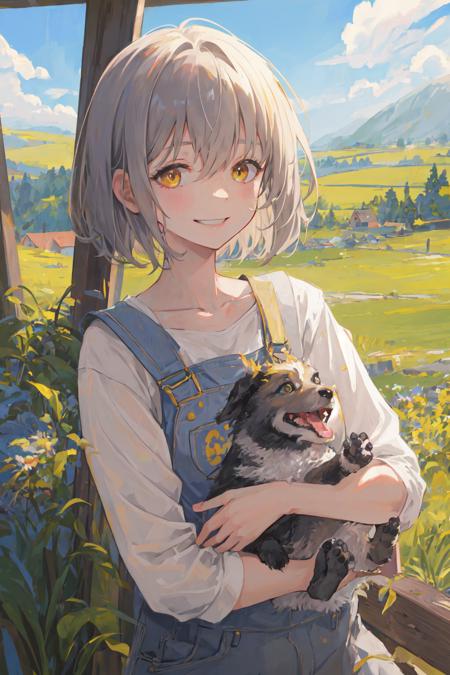 masterpiece, best quality, illustration, colorful, scenery, rural, 1girl, holding dog, flat chest, detailed messy short grey hair, narrowed yellow eyes, overalls, grin, sunlight