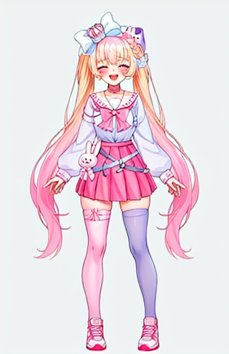 ,lina vermillion, long hair, bangs, skirt, blonde hair, bow, twintails, very long hair, , pink hair, braid, hair bow, heart, multicolored hair,  gradient hair, white bow, pink bow, sneakers,  rabbit hair ornament, heart choker, 