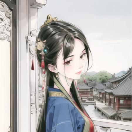 gufeng style, 1girl, black hair, long hair, hair ornament, jewelry, solo, from side, upper body, east asian architecture