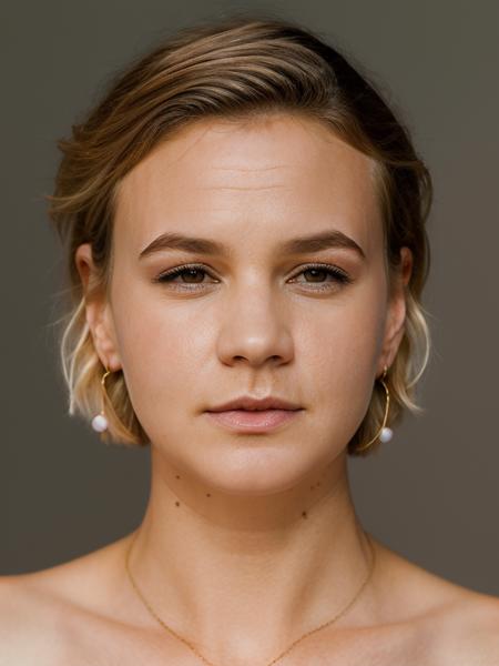 Realistic photo of a beautiful c4r3ym woman,1girl,solo,short hair,blonde hair,simple background,white background,brown eyes,jewelry,earrings,mole,lips,portrait,realistic,nose, soft lighting, professional Photography, Photorealistic, detailed, RAW, analog, sharp focus, 8k, HD, high quality, masterpiece<lora:c4r3ym:1.0>