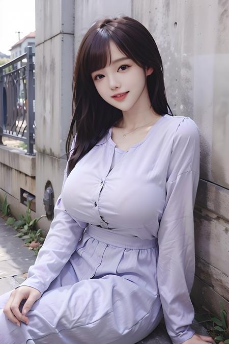 masterpiece, best quality, high detail, <lora:joanne0005V1:0.9>,large breasts,a woman with long hair sitting on a ledge wearing a purple shirt and pants with a smile