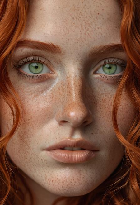 Ultra-realistic close-up portrait of a young woman with striking light green eyes and long, curled eyelashes. she has natural, porcelain-like fair skin covered with soft, detailed freckles, especially around her cheeks and nose. her lips are full, naturally colored in muted terra-cotta tones, slightly parted. she has fiery orange-red hair that frames her face in soft waves. the lighting is, aidmaMJ6.1.