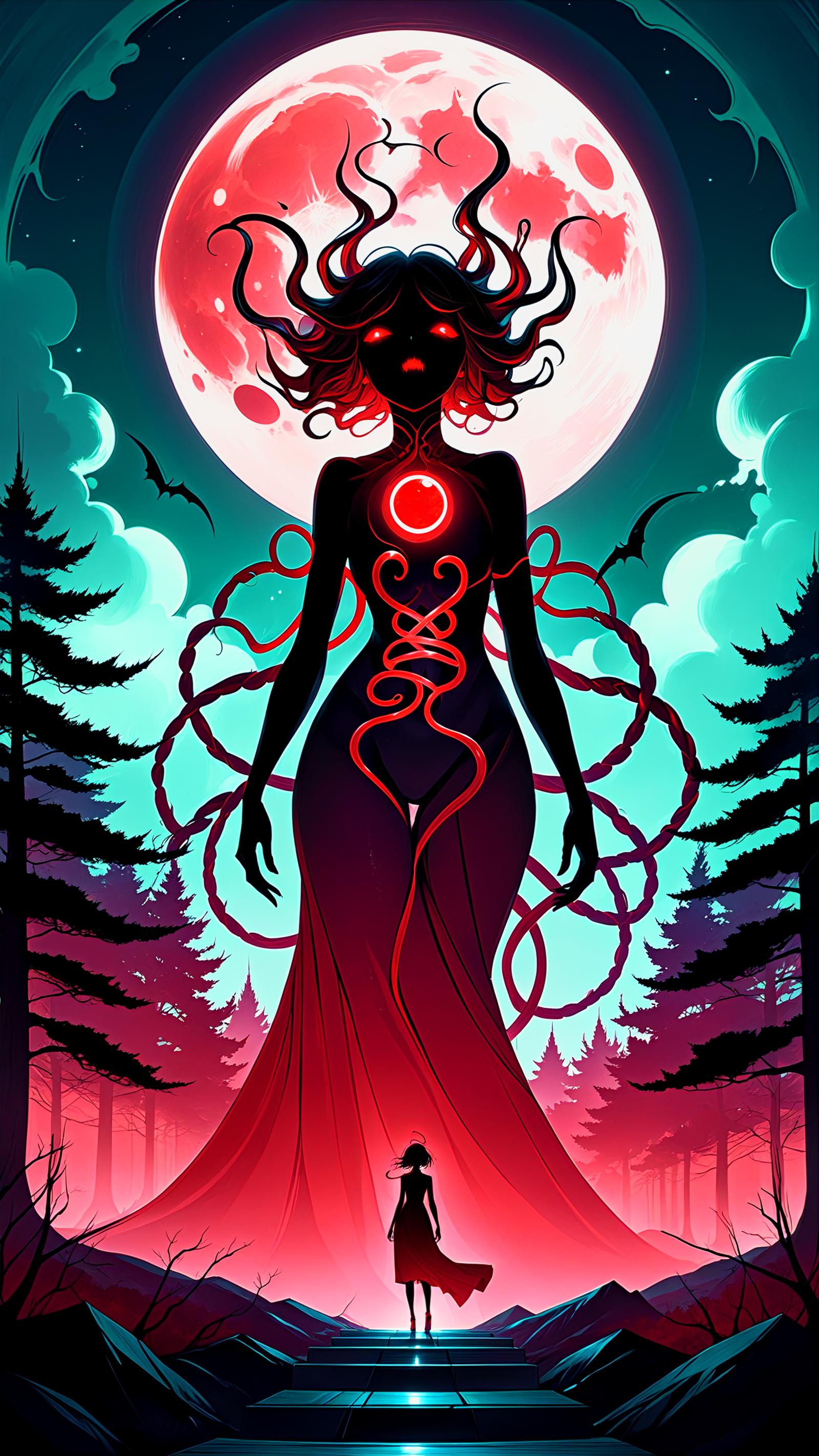 A dark, surreal drawing of a woman with a red dress and a glowing red heart on her chest, standing in the woods at night. She is surrounded by a forest and the full moon is visible in the background.