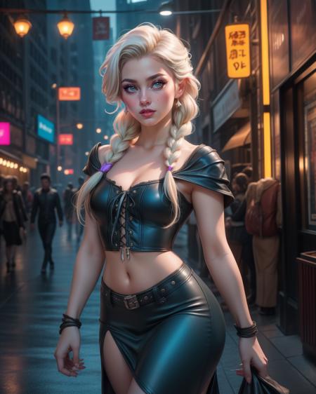 neonpunk style photogenic beautiful woman, elsa \(frozen\), blue dress, platinum blonde braid, leather bodice, midriff, (laces), <lora:LaceUpBodice2-81:0.7>  solo,  walking, best quality, high detail, 4k, 8k resolution photo by Steven Meisel photo by David LaChapelle  earring,  bokeh, depth of field,wide angle shot,  . cyberpunk, vaporwave, neon, vibes, vibrant, stunningly beautiful, crisp, detailed, sleek, ultramodern, magenta highlights, dark purple shadows, high contrast, cinematic, ultra detailed, intricate, professional