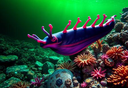 semi-realistic masterpiece image, best quality, 4K,, 8k UHD, ultra-high resolution, ultra-high definition, highres, BREAK, an underwater scene, green algae infested water gives a green hue to the scene, volumetric lighting from sunlight above the water's surface, gigantic sea slug, cruising the ocean floor, the sea slug has rich colors of dark blue purple and magenta with fiery red accents. the slug is surrounded by multi-colored, marbled polished stones and colorful coral. Keep the colors rich and natural, (no pastels or colors that are too vibrant).