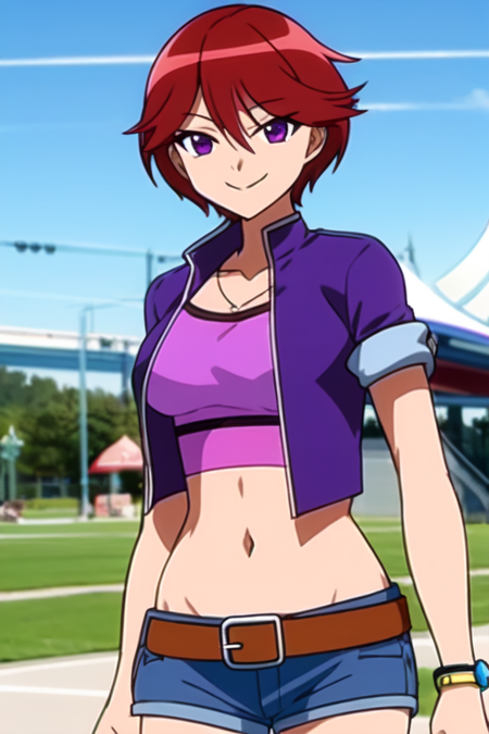 Fujieda Yoshino, red hair, short hair, purple eyes, 1girl, smile, park background, belt, crop top, cropped jacket, denim shorts, midriff, navel, purple shirt, short shorts