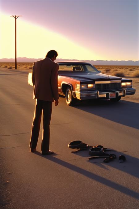 <lora:Director Coen Brothers style:1>Director Coen Brothers style - Everyday scene | High contrast lighting | Tension | Man fixing a flat tire on a deserted road | A man is fixing a flat tire on a 1985 Cadillac car parked on a deserted road, the sun setting in the background casting long shadows | Man, car, flat tire, deserted road | High contrast, saturated colors | in the style of Casino directed