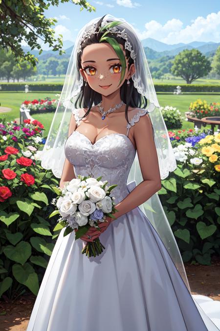 masterpiece,best quality,highres,ultra-detailed,aanemona,dark-skinned female,dark skin,eyelashes,freckles,long hair,multicolored hair,streaked hair,hair pulled back,<lora:nemona_(pokemon):0.8>,(wedding dress:1.2),white dress,(veil:1.2),garden,smile,outdoors,standing,cowboy shot,holding bouquet,