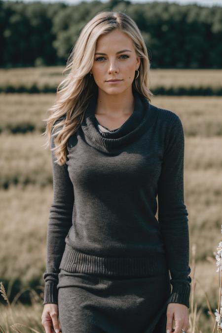 megynkelly an , a elegant woman, on a (plowed field:1.2), wearing a (cowl-neck-sweater), (flowering-landscape), (8k, best quality, depth of field, ultra high res:1.2), (absurdres, intricate, photorealistic, masterpiece, ultra-detailed, Unreal Engine:1.3)