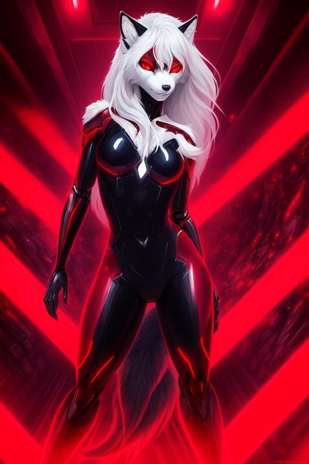 full body shot photo of the most beautiful artwork of wolf girl in hero pose, (red glowing eyes), cybernetic, superhero, detailed face, detailed and beautiful eyes, (futuristic technology look), slow motion, intricate detail, High Detail, anime painting art by midjourney and greg rutkowski, BREAK, ( standing), skin indentation, red stage lights, seductive expression, full lips, (inside nightclub), (computer servers in background), terminal, toned body, [muscles], subsurface scattering, pale white skin, small breasts, full body, (wide hips), (red lips), black gloves, furry furry, female, canid