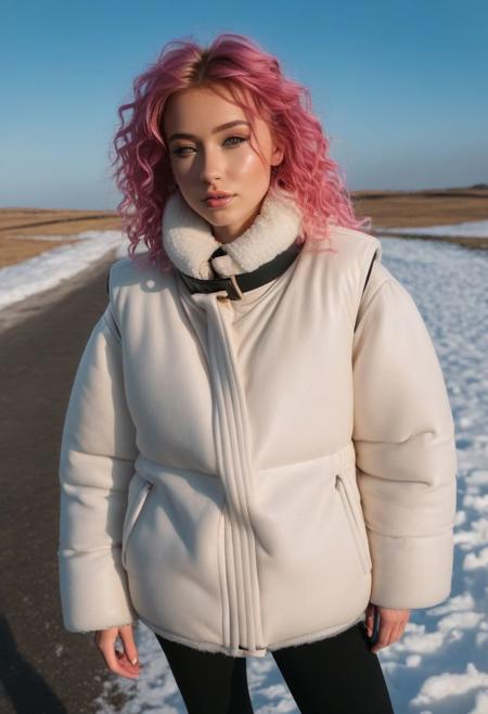 white Oversized shearling padded down vest, white Oversized shearling padded puffer vest, white Oversized shearling padded down vest, white Oversized shearling padded puffer vest, Oversized shearling padded winter clothes, very very cold, realistic, feet out of frame, standing, walking, 1girl, solo, masterpiece, illustration, beautiful detailed sky, beautiful-detailed eyes, eyeliner, eyelashes, arrogant, half-closed eyes, condescending look, condescending satisfied look, condescending light smile, seductive look, lookng at viewer, cinematic light, ultra detailed, disheveled hair, pink hair, long hair, light blue eyes, curly hair, pink choker, bracelet, wet, day, sky, sunlight, (pressure sherpa cuffs:1.8), (pressure sherpa collar:1.8), (Thick padded cuffs:1.4), (Thick padded collar:1.4), <lora:Collar-SDXL:0.75>, <lora:Cuffs-SDXL:0.75>, <lora:fashion_lora:0.6>
