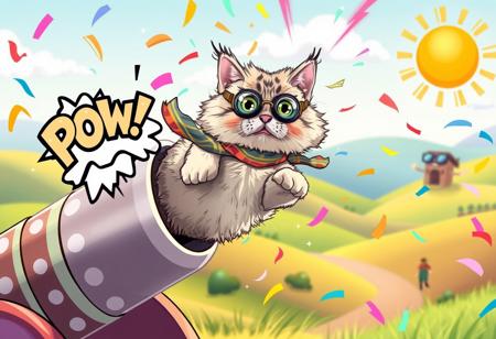 score_9, score_8_up, score_7_up, rei-kun-style, masterpiece, best quality, - **Subject:** Close-up of a cat being hilariously launched from a whimsical cannon  
- **Cat:** A fluffy, wide-eyed feline with its fur hilariously puffed up, mid-flight, wearing a tiny aviator scarf and goggles  
- **Cannon:** A comically oversized, colorful cannon adorned with polka dots and streamers, with a cartoonish "POW!" cloud bursting from the muzzle  
- **Energy:** Sparkling confetti, rainbow-colored streaks, and exaggerated swirls of smoke spiraling outward in a playful explosion  
- **Background:** Lighthearted, blurred cartoon landscape with rolling hills, silly clouds, and a sun wearing sunglasses  
- **Lighting:** Bright and cheerful, with vibrant rainbow hues highlighting the cat and sparkling confetti  
- **Atmosphere:** Whimsical, absurd, and full of slapstick humor  
- **Mood:** Playful, silly, and guaranteed to make you laugh  
- **Style:** Cartoonish with exaggerated expressions, bold outlines, and vibrant, cheerful colors