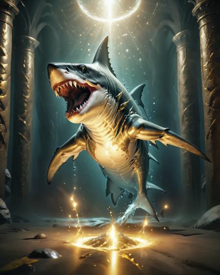 shark of the golden order,glowing effects,animal,epic,gldnorderxl,realistic,masterpiece,awardwinning,128K UHD,pi, fBm ,sharp focus, wide angle lens, trending on artstation and deviantart, <lora:goldenorderxl-step00000408:1>