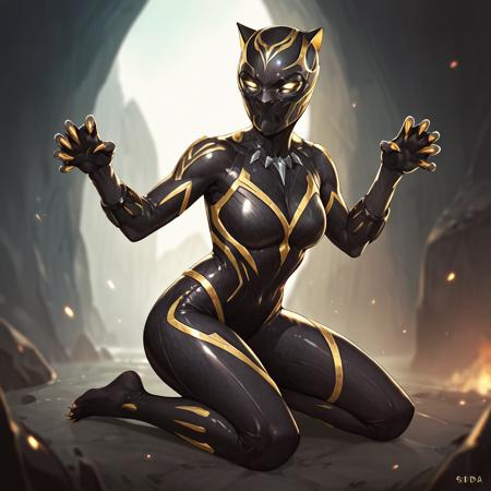 BP_shuri, black bodysuit, yellow eyes, glowing eyes, skin tight, claws, helmet, 