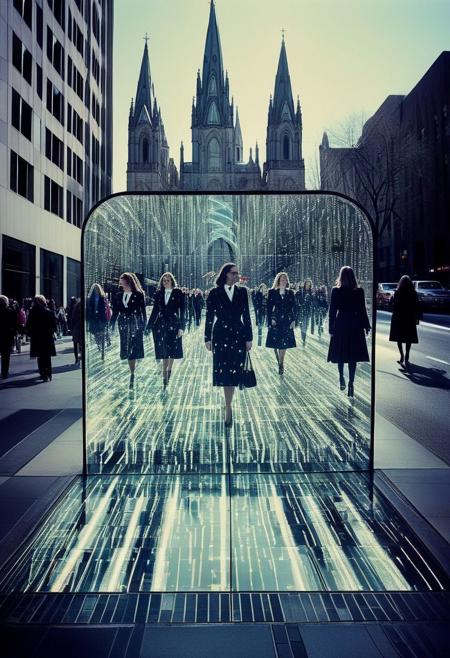 ()Hyoer Realistic:2.0)Polaroid picture of 
 a bustling downtown district on a sunny Sunday morning. A group of women, dressed in their finest church attire, emerge from a grand cathedral, their faces serene and content. However, as they step into the bright light, their eyes are drawn to a series of massive, glowing billboards that line the streets.
The billboards display mesmerizing, pulsing patterns, and the women's faces slacken as they fall under the hypnotic spell. Without a word, they begin to move in unison, their high heels clicking on the pavement as they form a line that stretches around the block.
The line leads to the sleek, glass facade of the Apple store, where a giant display window showcases the latest iPhone release. The price tag, a staggering $12,000, seems to hold no deterrent for the entranced women, who eagerly await their turn to purchase the coveted device.
Capture the surreal, futuristic atmosphere of this scene, where cutting-edge technology and ancient psychological manipulation blend seamlessly to create a vivid, unsettling tableau.