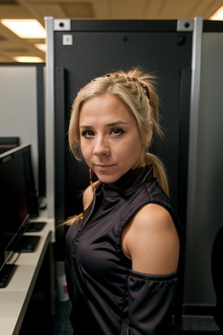 ninja costume ,  cubicle , evening  <lora:Sarah_Jane_Honeywell:1> masterpiece,best quality, detailed face, 1girl, solo, sj1873h, blonde_hair