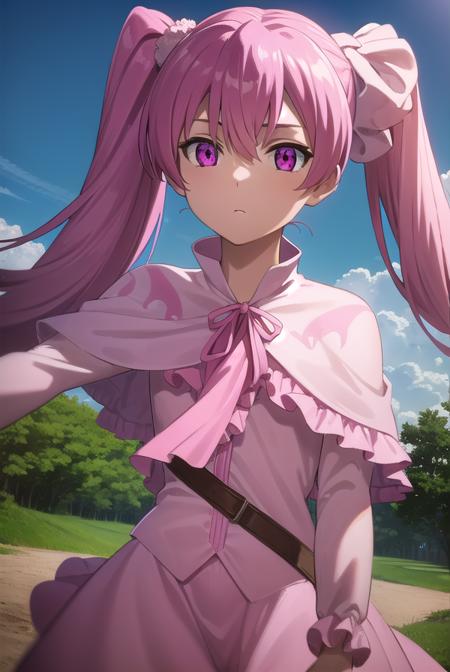 agkmine, <lora:agk mine s1-lora-nochekaiser:1>,
mine, long hair, twintails, pink hair, (pink eyes:1.3),
BREAK dress, pantyhose, pink dress, capelet, pink capelet, pink skirt, skirt, long sleeves,
BREAK outdoors, nature, forest, trees, grass, sky, clouds,
BREAK looking at viewer, (cowboy shot:1.5),
BREAK <lyco:GoodHands-beta2:1>, (masterpiece:1.2), best quality, high resolution, unity 8k wallpaper, (illustration:0.8), (beautiful detailed eyes:1.6), extremely detailed face, perfect lighting, extremely detailed CG, (perfect hands, perfect anatomy),