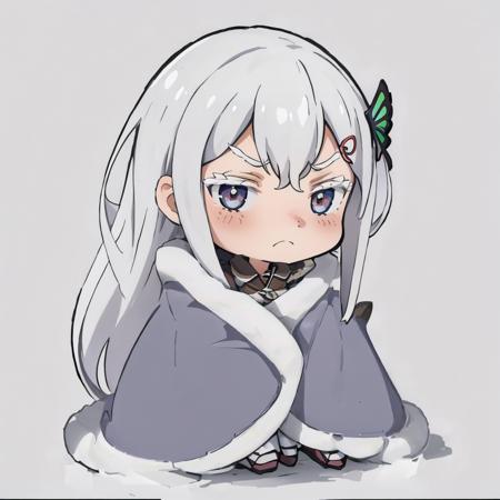 masterpiece, best quality, echidna, white hair, smirk, furrowed brow, cozyblanket, chibi, simple background <lora:cozyblanket-nvwls-v1-000006:1.2> <lora:Rezero World_204380:1>