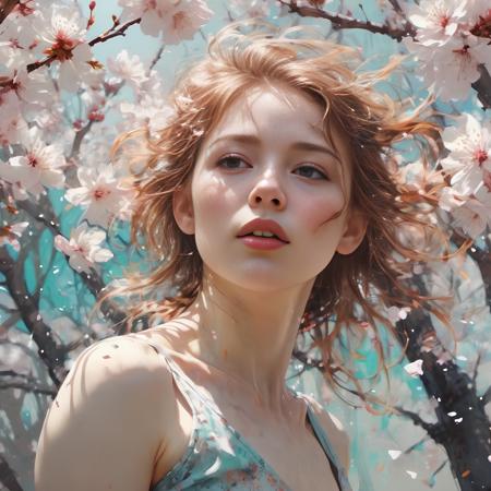 Cherry blossoms bloom, Softly falling to the ground, Springtime's fleeting grace| dynamic pose | centered| key visual| intricate| highly detailed| breathtaking beauty| precise lineart| vibrant| comprehensive cinematic| Carne Griffiths| Conrad Roset| Anna Dittmann| dappled sunlight,