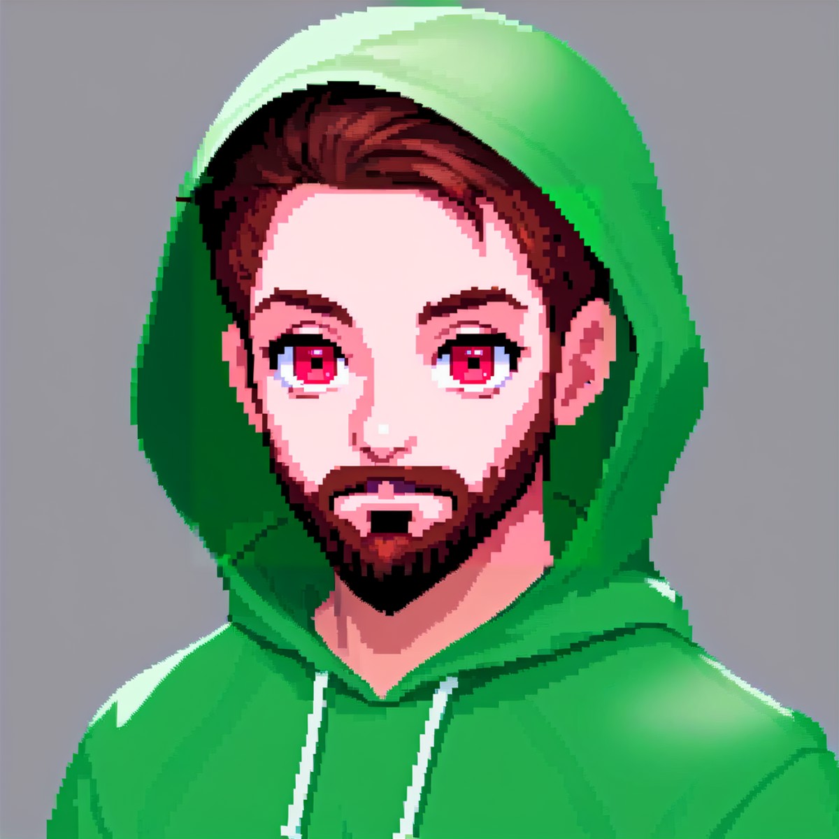 Male upper body, looking at viewer, beard, red eyes, green hoodie