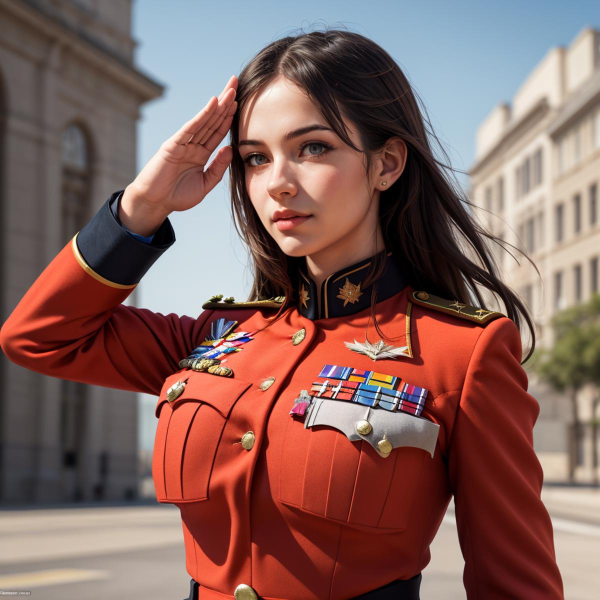 Woman in uniform saluting in front of a building.