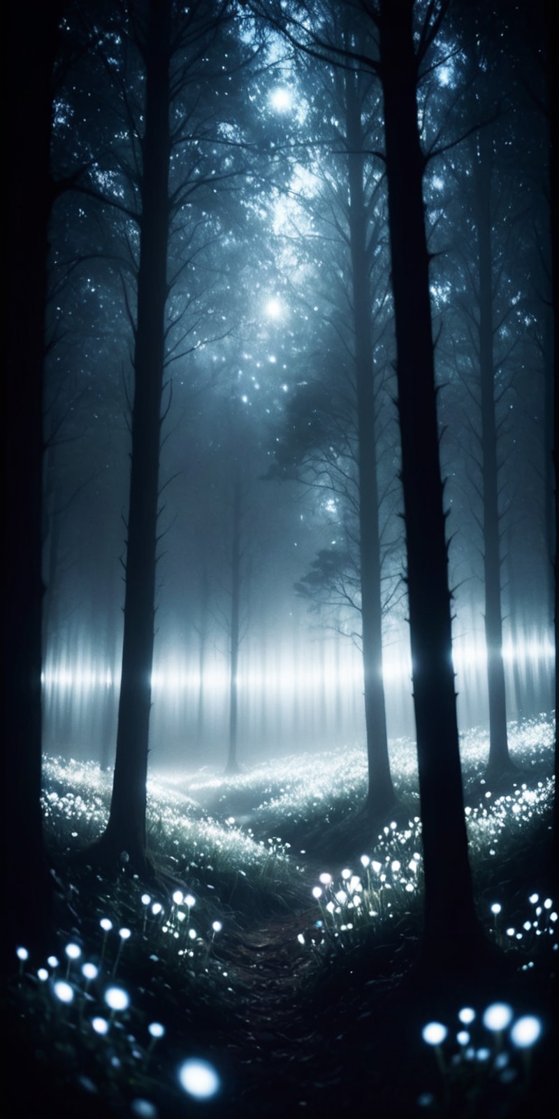 landscape photography of a forest landscape at night covered in ethereal flowers,white tint
(quantum waveform:0.5),<lora:M...
