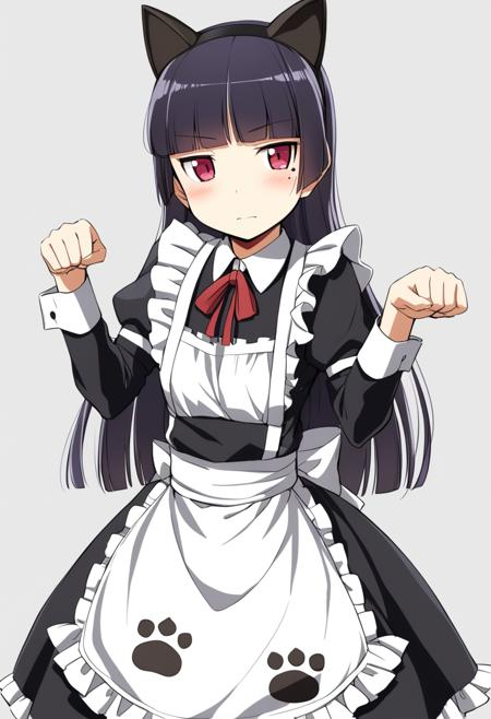 1girl, gokou ruri, mole under eye, animal ears, mole, solo, long hair, blush, cat ears, apron, paw pose, black hair, maid, red eyes, ribbon, paw print, upper body, fake animal ears, bangs, blunt bangs, red ribbon, medium quality, late, <lora:char - gokou ruri - v1 - bionagato:1>