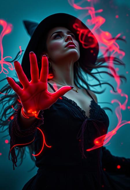 A cinematic torso shot of a female, nice witch, powerful spells and patterns and flames emerging from her hand, layered red and purple lines. She is flying in the air and looking up at the sky, enjoying her power. Use subtle red starburst and bokeh elements, with enhanced volumetric lighting to create a vibrant, high-contrast scene. Ensure the image maintains a surreal, emotionally impactful atmosphere in 8k resolution with intricate skin texturing. Angry. Ultrarealistic. absurdres.