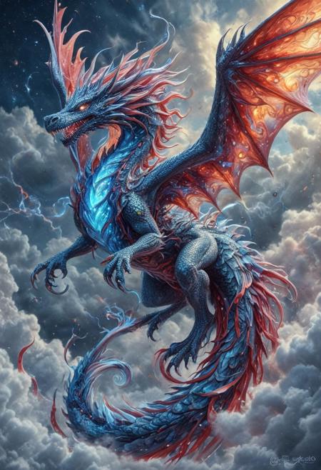 celestial marble dragon , Made of CosmicStyle, flying through liquid sky, clouds melting into ribbons of color, fluid scales shimmering with white blue and red hues, glowing eyes, dynamic wings of flowing liquid, painterly lighting, vast fantasy environment, surreal atmosphere, highly detailed, magical realism, CosmicStyle
