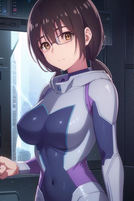 yunhua lu, black hair, (brown eyes:1.5), twintails, low twintails, hair between eyes, glasses, mole, mole under mouth, bodysuit, pilot suit, spacesuit, purple bodysuit,