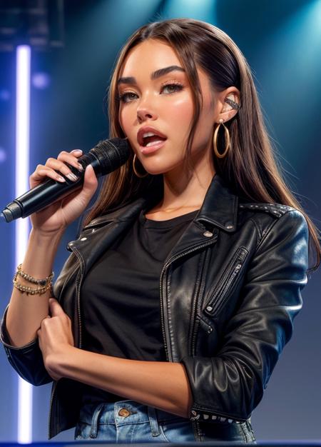 ((masterpiece)), (best quality), perfect anatomy, highres, detailed, (8k), photorealistic,best quality, ultra highres,  ((detailed face)),
<lora:madisonbeer_smf_lora_01-000003:0.9>, realistic, 1girl, madisonbeer-smf, scenary, singing, people, studio light, long hair, realistic, leather, earrings, jewelry, brown hair, leather jacket, jacket, lips, black hair, upper body, black shirt