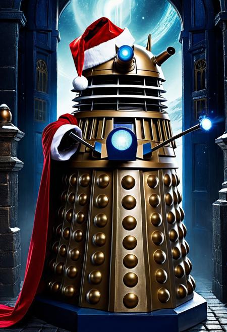 Centered, detailed matte painting, deep color, fantastical, intricate detail, splash screen, complementary colors, fantasy concept art, A Dalek Wearing A Santa Claus stocking cap & Cape, Doctor WHo