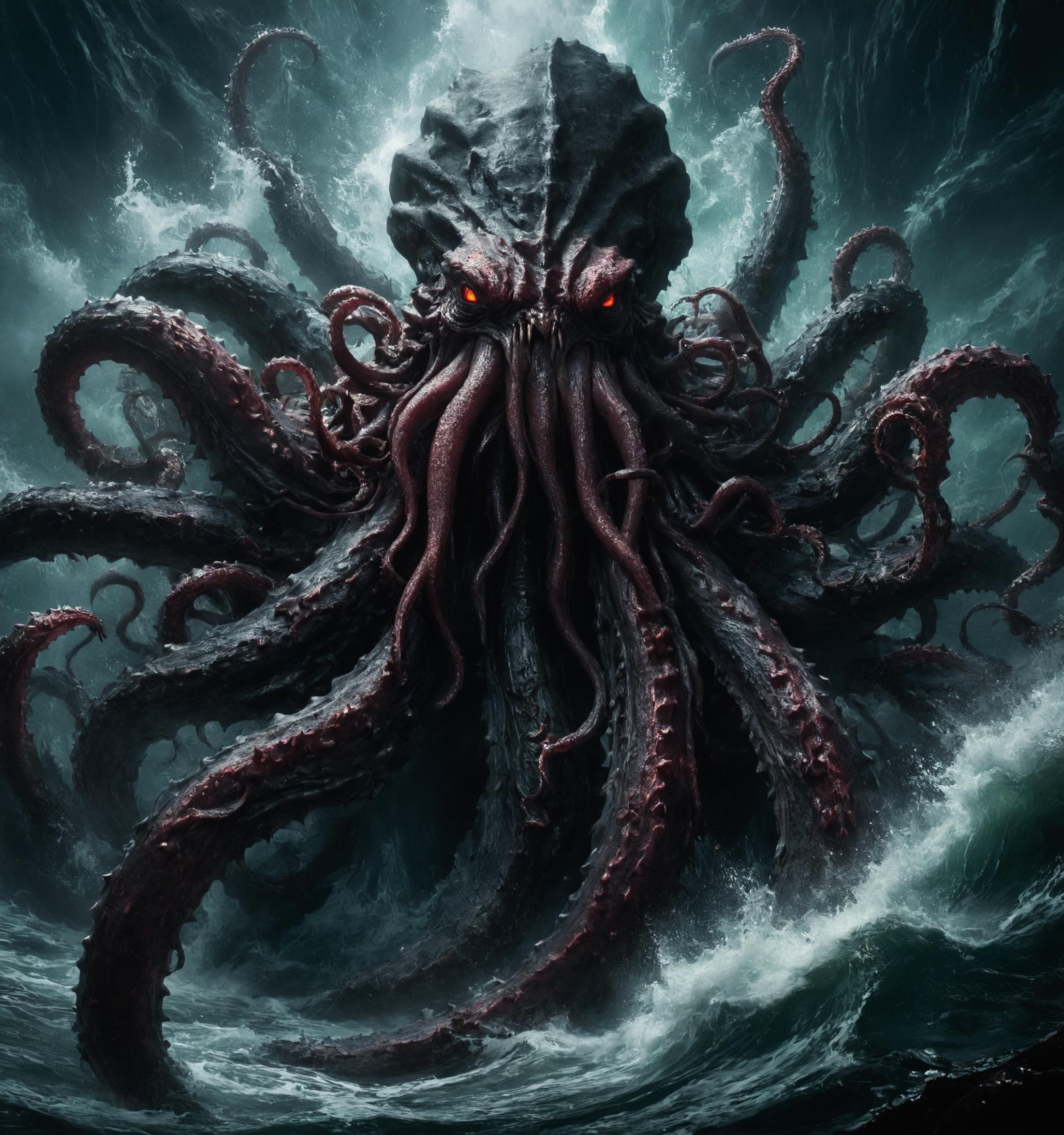A giant sea monster with red eyes and many tentacles, surrounded by a stormy ocean.