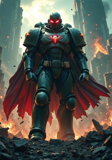 Power Armor Super Warrior stands atop a shattered battlefield, cloaked in a tattered two-toned cape (deep crimson + blackened steel-gray), whipping in the wind. Towering in heavy, brutalist power armor, covered in battle scars, welded plating, glowing vent cores, and glowing cyber etchings. A massive emblem of a hammer crossed with a scythe blazes across the chestplate — a symbol of industrial revolution and vengeance.
Foreground: cracked stone slabs, bullet casings, coiled power cables and broken servo limbs.
Midground: central figure in a heroic stance, clenched gauntlets dripping with oil and ash, helmet visor glowing dim red, breathing unit hissing vapor. Massive pauldrons, spine-linked exosuit pistons, magnetic weapon holsters across the back.
Background: ruined brutalist citadel ruins under a fractured sky. Black smoke pillars and decaying monoliths loom in the distance.
Lighting: strong cinematic rim light from behind in deep orange, mixed with blue underglow from ruins, casting dramatic shadows. Particles float through rays of dying sunlight.
Camera: 50mm lens, low-angle hero shot with shallow depth, subject off-center for dynamic tension.
Color tone: blend of gritty desaturation, steel-gray + blood red, with cinematic teal-orange grade, subtle film grain, smoke layering for atmospheric depth.
Style: grimdark, 8K, ultra-detailed, digital painting, epic wallpaper concept art.

