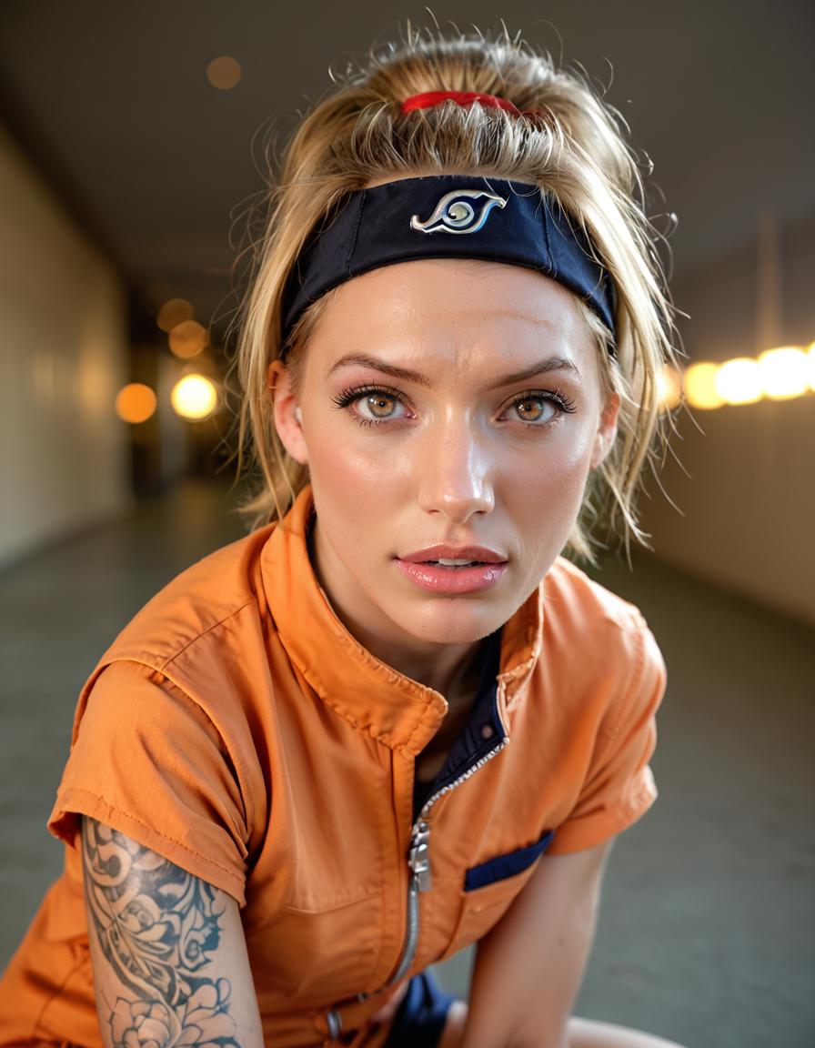 long shot scenic professional photograph of score_9,   rating_safe,    <lora:JuelzVenturaQuiron_PONY:0.87> juelzventuraQuiron, 1girl, realistic,  lips,   makeup,    tattoo, brown eyes,  a female wearing  woman Naruto Uzumaki (Naruto): The spiky blond hair, orange jumpsuit, and headband make Naruto a recognizable and beloved character in the cosplay community. ,   Shrimp squat: A one-legged squat where you hold your foot behind you.  , Focus - Bokeh,   realistic, eyelashes,  depth of field, beautiful detailed eyes, perfect lighting background , by Claude Cahun, perfect viewpoint, highly detailed, wide-angle lens, hyper realistic, with dramatic sky, polarizing filter, natural lighting, vivid colors, everything in sharp focus, HDR, UHD, 64K