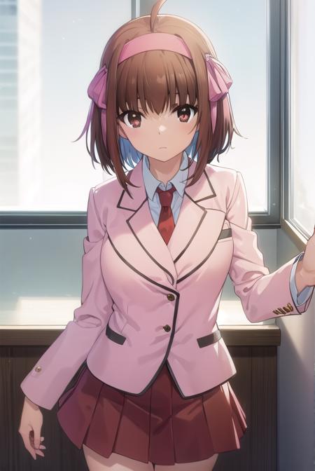 soratakanashi, <lora:sora takanashi s1-lora-nochekaiser:1>,
sora takanashi, short hair, brown hair, ribbon, (brown eyes:1.5), hair ribbon, ahoge, hairband, blue ribbon, blue hairband,
BREAK skirt, school uniform, jacket, necktie, blazer, (pink blazer:1.2), (red skirt:1.2),
BREAK indoors, classroom,
BREAK looking at viewer, (cowboy shot:1.5),
BREAK <lyco:GoodHands-beta2:1>, (masterpiece:1.2), best quality, high resolution, unity 8k wallpaper, (illustration:0.8), (beautiful detailed eyes:1.6), extremely detailed face, perfect lighting, extremely detailed CG, (perfect hands, perfect anatomy),