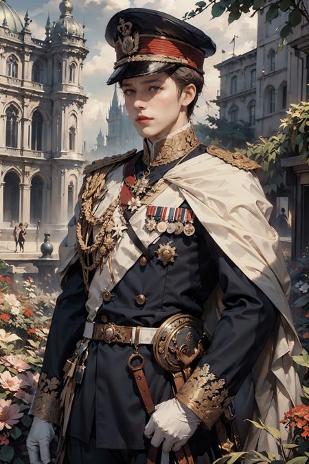 HDR,UHD,8K, best quality, masterpiece, Highly detailed, Studio lighting, physically-based rendering, 1boy, solo,
1 boy, British Noble, white costume, cap, dark blue uniform, 
flowers garden background, simple background,  <lora:BristishNoble:0.5>