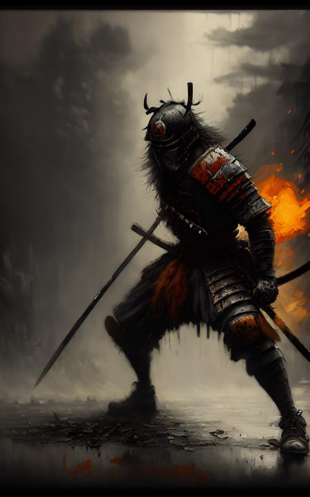 oil painting gritty (2000s anime style)++ samurai in black armor in battle, film grain, epic composition, oni samurai helmet, scuffed armor, soft focus, combat stance, filthy, katana, dust